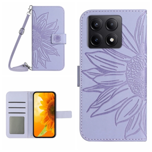 

For Xiaomi 14T 5G Global Skin Feel Sun Flower Embossed Flip Leather Phone Case with Lanyard(Purple)