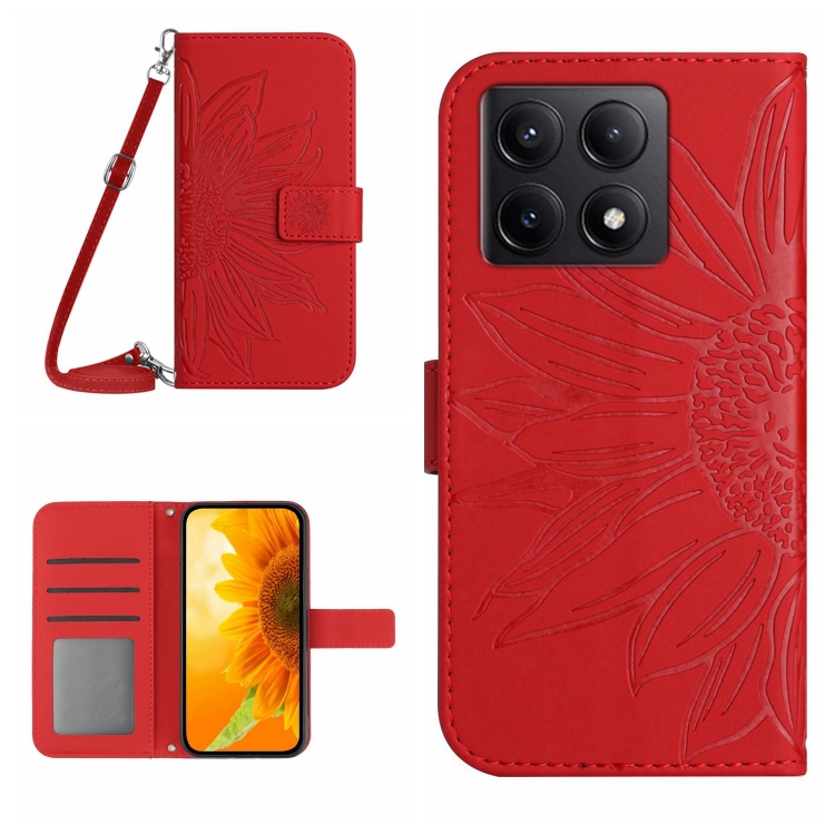 

For Xiaomi 14T 5G Global Skin Feel Sun Flower Embossed Flip Leather Phone Case with Lanyard(Red)