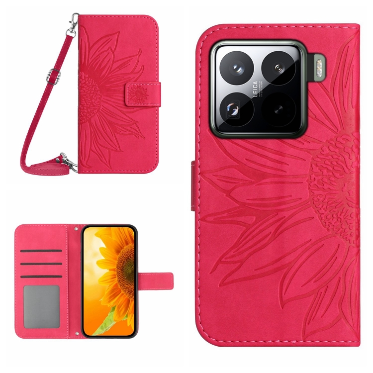 

For Xiaomi 15 Pro Skin Feel Sun Flower Embossed Flip Leather Phone Case with Lanyard(Rose Red)