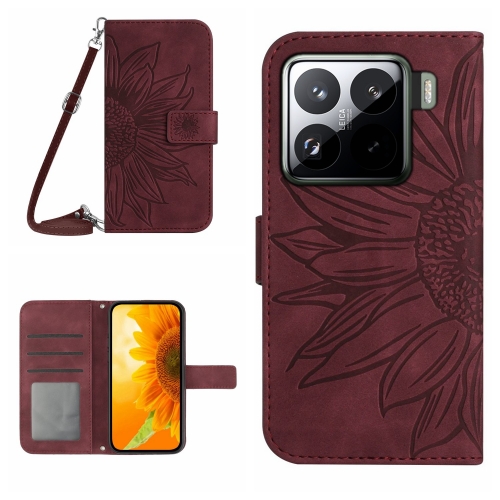 

For Xiaomi 15 Pro Skin Feel Sun Flower Embossed Flip Leather Phone Case with Lanyard(Wine Red)