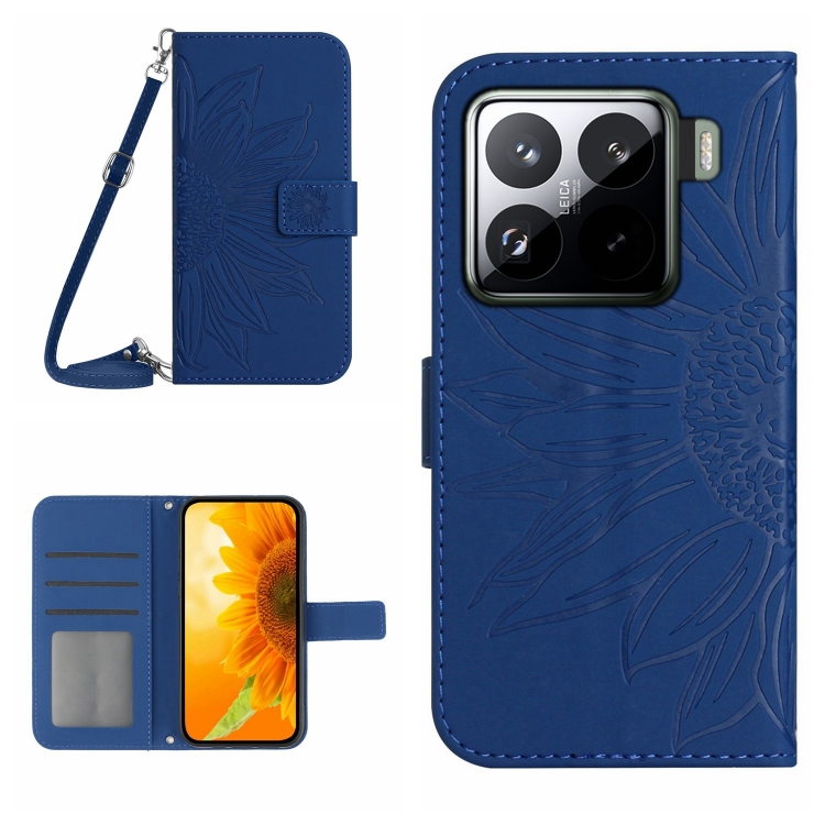 

For Xiaomi 15 Pro Skin Feel Sun Flower Embossed Flip Leather Phone Case with Lanyard(Dark Blue)