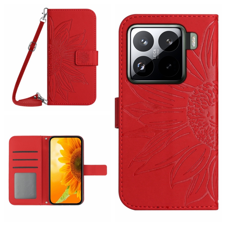 

For Xiaomi 15 Pro Skin Feel Sun Flower Embossed Flip Leather Phone Case with Lanyard(Red)