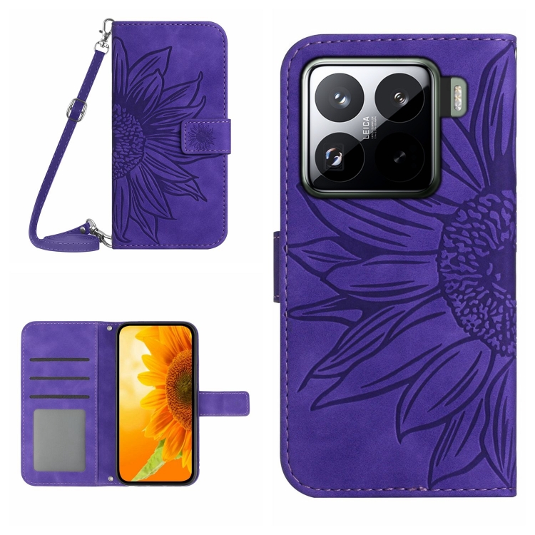 

For Xiaomi 15 Skin Feel Sun Flower Embossed Flip Leather Phone Case with Lanyard(Dark Purple)
