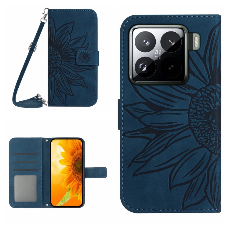 

For Xiaomi 15 Skin Feel Sun Flower Embossed Flip Leather Phone Case with Lanyard(Inky Blue)