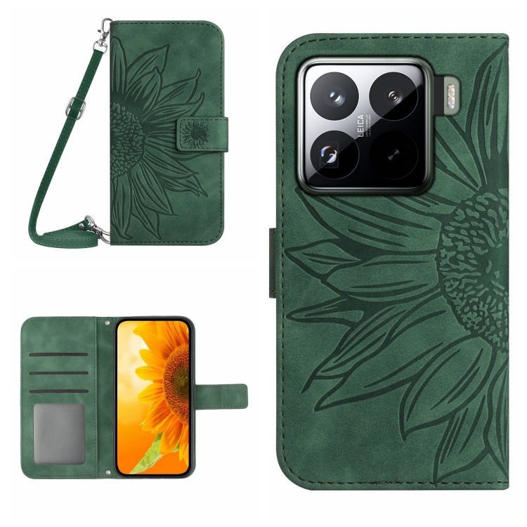 

For Xiaomi 15 Skin Feel Sun Flower Embossed Flip Leather Phone Case with Lanyard(Green)