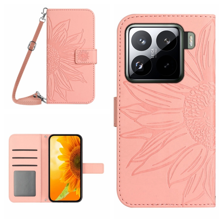 

For Xiaomi 15 Skin Feel Sun Flower Embossed Flip Leather Phone Case with Lanyard(Pink)