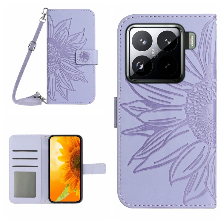 

For Xiaomi 15 Skin Feel Sun Flower Embossed Flip Leather Phone Case with Lanyard(Purple)