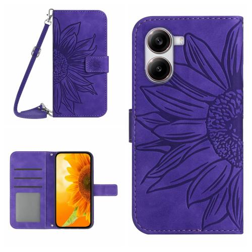 

For Xiaomi Poco X7 Pro Skin Feel Sun Flower Embossed Flip Leather Phone Case with Lanyard(Dark Purple)