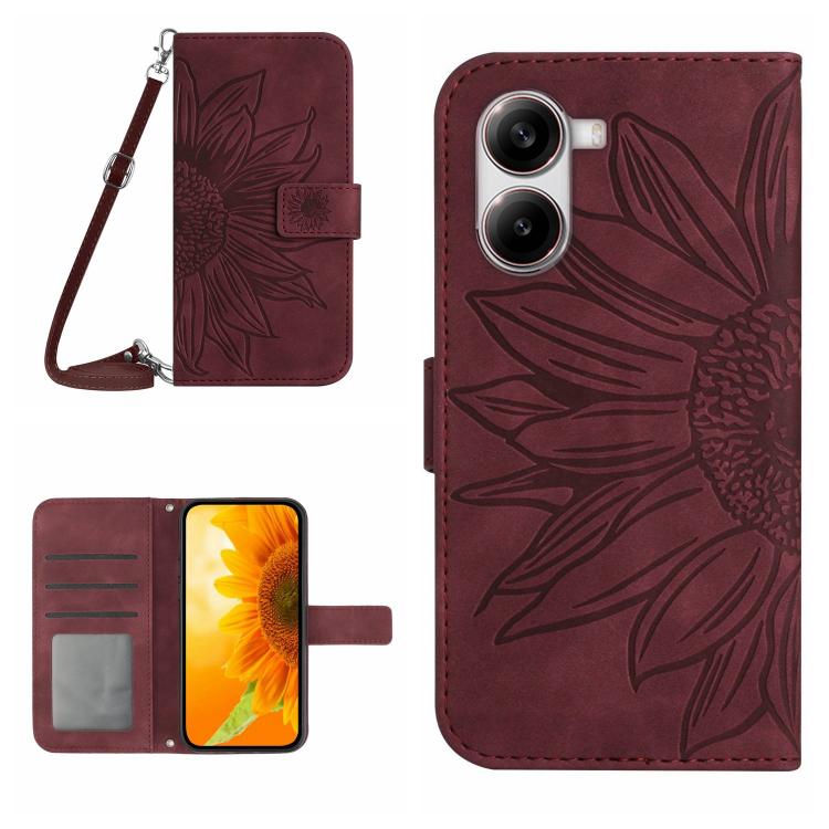 

For Xiaomi Poco X7 Pro Skin Feel Sun Flower Embossed Flip Leather Phone Case with Lanyard(Wine Red)