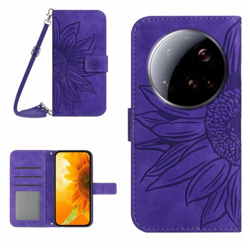 

For Xiaomi 15 Ultra Skin Feel Sun Flower Embossed Flip Leather Phone Case with Lanyard(Dark Purple)