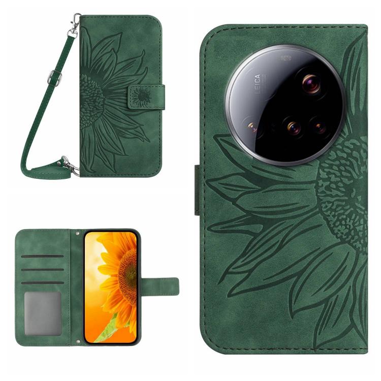 

For Xiaomi 15 Ultra Skin Feel Sun Flower Embossed Flip Leather Phone Case with Lanyard(Green)