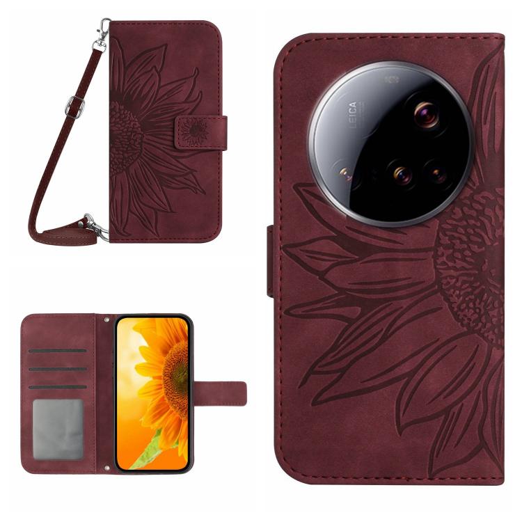

For Xiaomi 15 Ultra Skin Feel Sun Flower Embossed Flip Leather Phone Case with Lanyard(Wine Red)