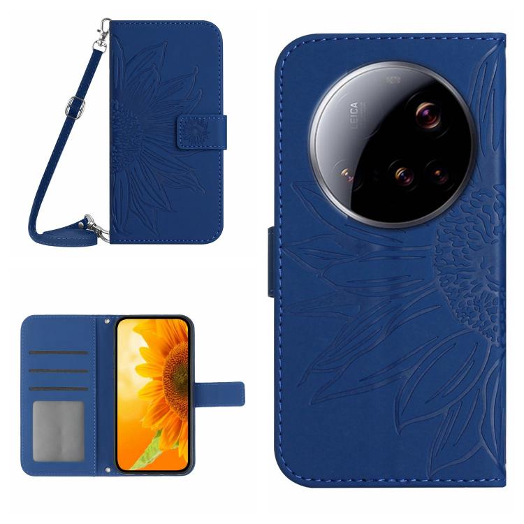 

For Xiaomi 15 Ultra Skin Feel Sun Flower Embossed Flip Leather Phone Case with Lanyard(Dark Blue)