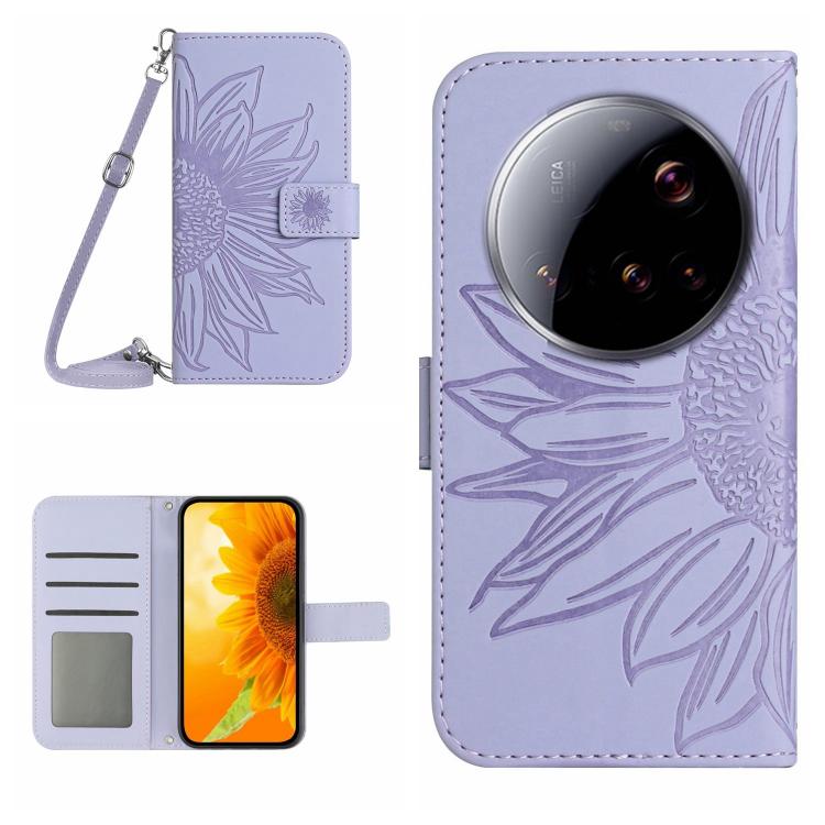 

For Xiaomi 15 Ultra Skin Feel Sun Flower Embossed Flip Leather Phone Case with Lanyard(Purple)