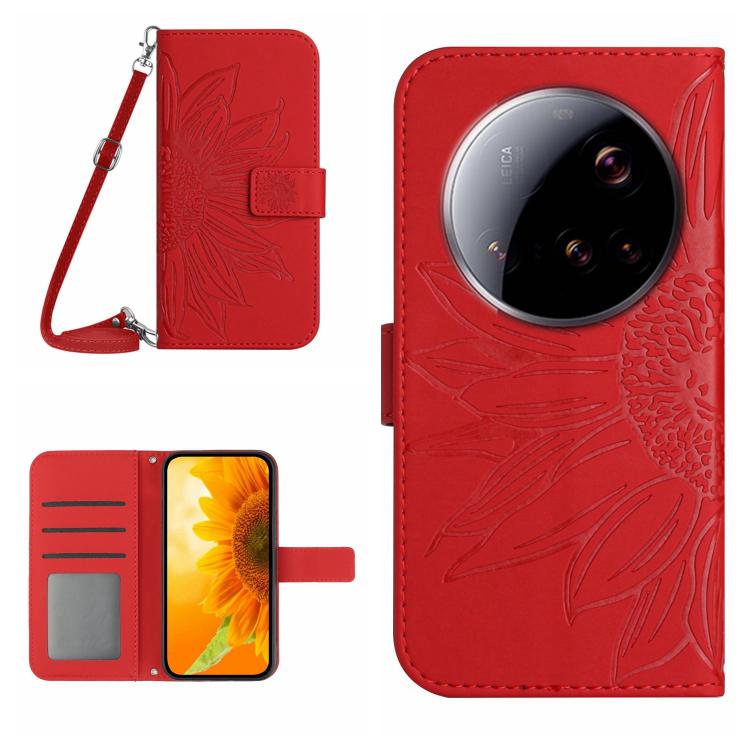 

For Xiaomi 15 Ultra Skin Feel Sun Flower Embossed Flip Leather Phone Case with Lanyard(Red)