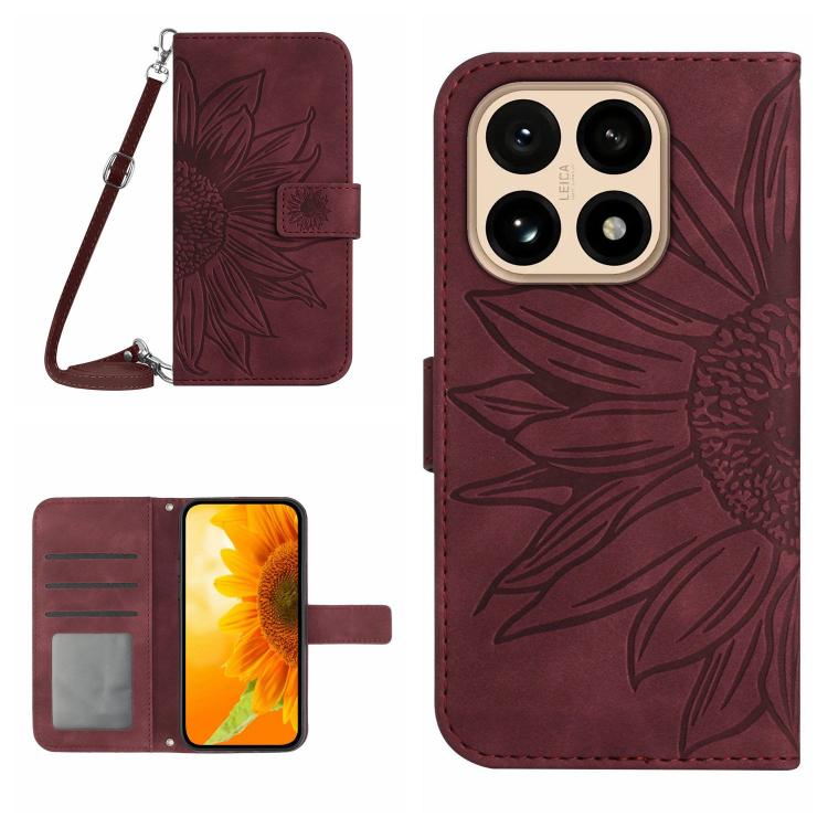 

For Xiaomi 15T Skin Feel Sun Flower Embossed Flip Leather Phone Case with Lanyard(Wine Red)