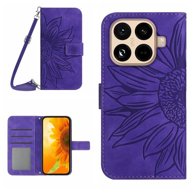 

For Xiaomi 15T Pro Skin Feel Sun Flower Embossed Flip Leather Phone Case with Lanyard(Dark Purple)