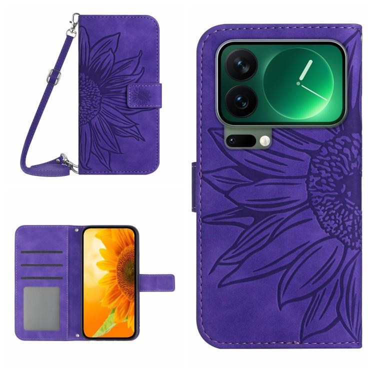 

For Xiaomi 17 Pro Skin Feel Sun Flower Embossed Flip Leather Phone Case with Lanyard(Dark Purple)