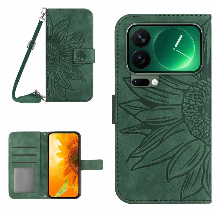 

For Xiaomi 17 Pro Skin Feel Sun Flower Embossed Flip Leather Phone Case with Lanyard(Green)
