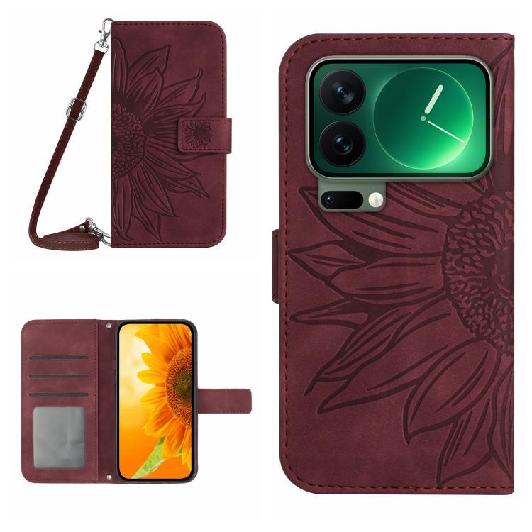 

For Xiaomi 17 Pro Skin Feel Sun Flower Embossed Flip Leather Phone Case with Lanyard(Wine Red)