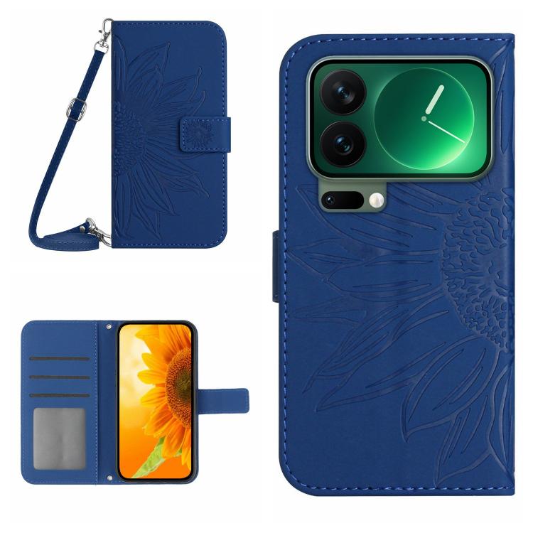 

For Xiaomi 17 Pro Skin Feel Sun Flower Embossed Flip Leather Phone Case with Lanyard(Dark Blue)