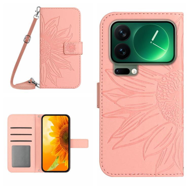 

For Xiaomi 17 Pro Skin Feel Sun Flower Embossed Flip Leather Phone Case with Lanyard(Pink)