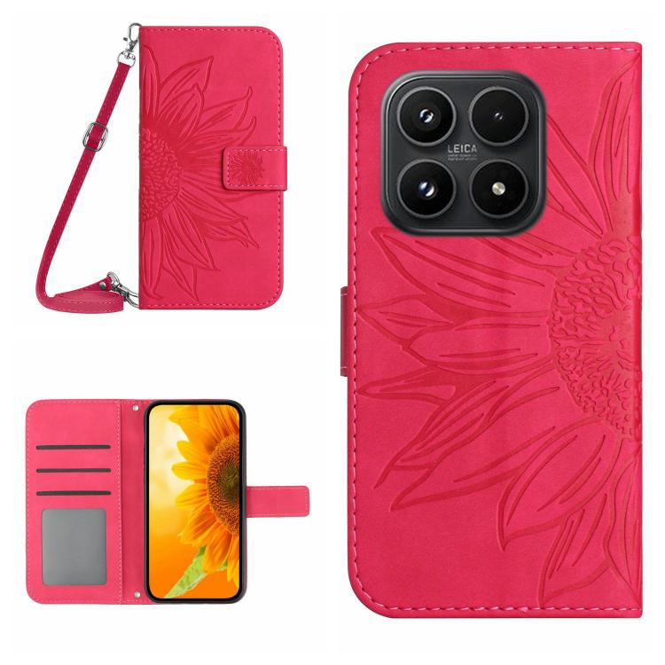 

For Xiaomi 17 Skin Feel Sun Flower Embossed Flip Leather Phone Case with Lanyard(Rose Red)