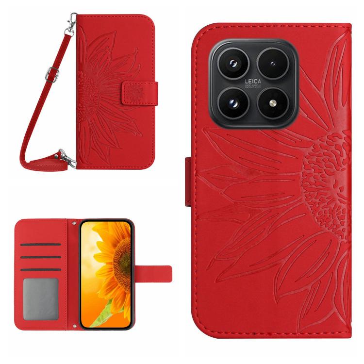 

For Xiaomi 17 Skin Feel Sun Flower Embossed Flip Leather Phone Case with Lanyard(Red)
