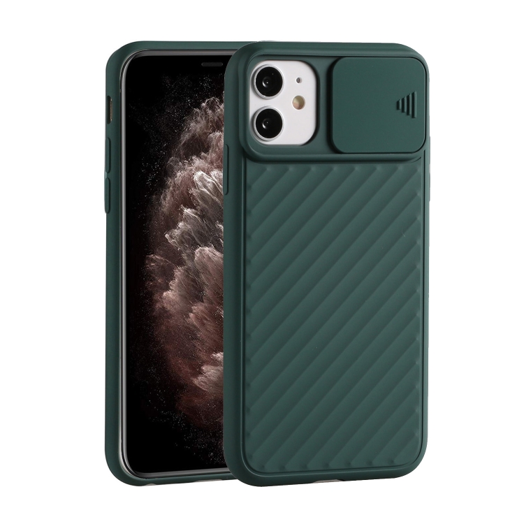 

For iPhone 12 / 12 Pro Sliding Camera Cover Design Twill Anti-Slip TPU Case(Dark Green)