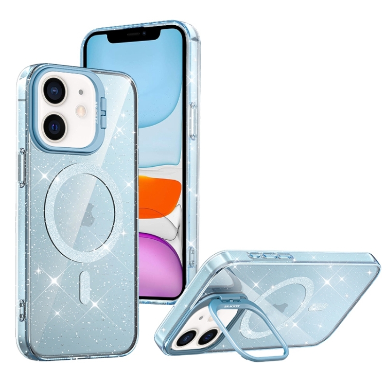 

For iPhone 11 Shiny Shield MagSafe Lens Holder Phone Case(Blue)