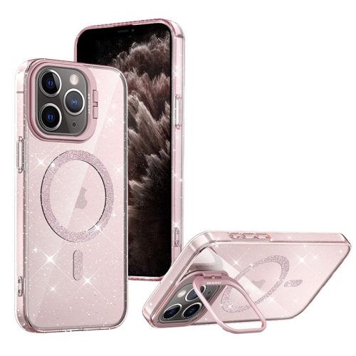 

For iPhone 11 Pro Max Shiny Shield MagSafe Lens Holder Phone Case(Pink)