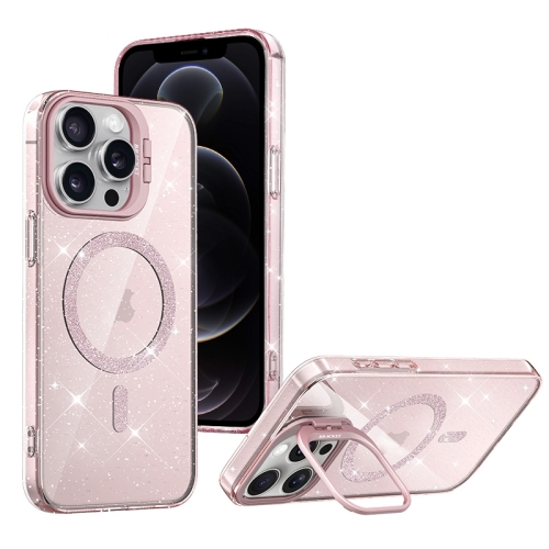 

For iPhone 12 Pro Shiny Shield MagSafe Lens Holder Phone Case(Pink)