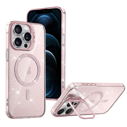 

For iPhone 12 Pro Max Shiny Shield MagSafe Lens Holder Phone Case(Pink)