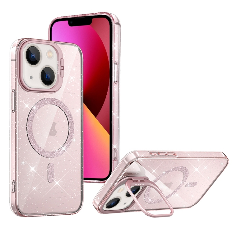

For iPhone 13 Shiny Shield MagSafe Lens Holder Phone Case(Pink)