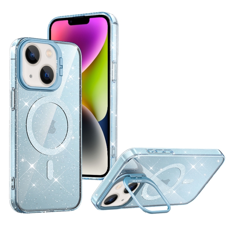 

For iPhone 14 Shiny Shield MagSafe Lens Holder Phone Case(Blue)