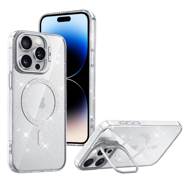 

For iPhone 14 Pro Shiny Shield MagSafe Lens Holder Phone Case(Silver)