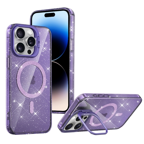 

For iPhone 14 Pro Max Shiny Shield MagSafe Lens Holder Phone Case(Purple)