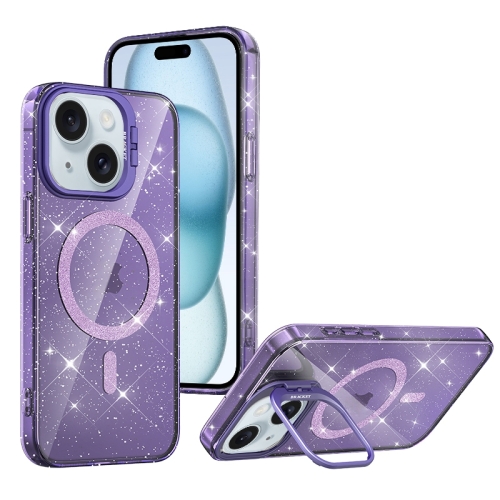 

For iPhone 15 Shiny Shield MagSafe Lens Holder Phone Case(Purple)