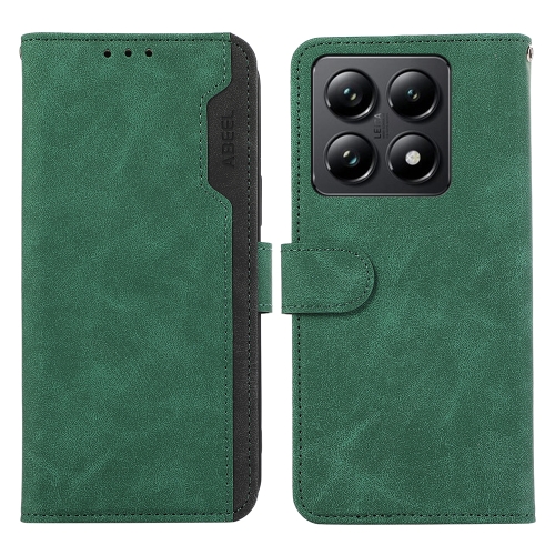 

For Xiaomi 14T ABEEL Color Block Magnetic RFID Leather Phone Case(Green-Black)