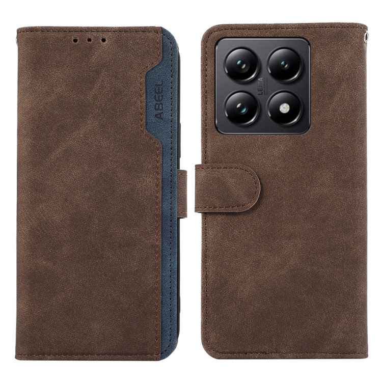 

For Xiaomi 14T ABEEL Color Block Magnetic RFID Leather Phone Case(Brown-Blue)