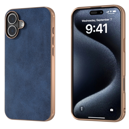 

For iPhone 16 Plus Nano Electroplating Dual Color Cowhide Texture Protective Phone Case(Blue)