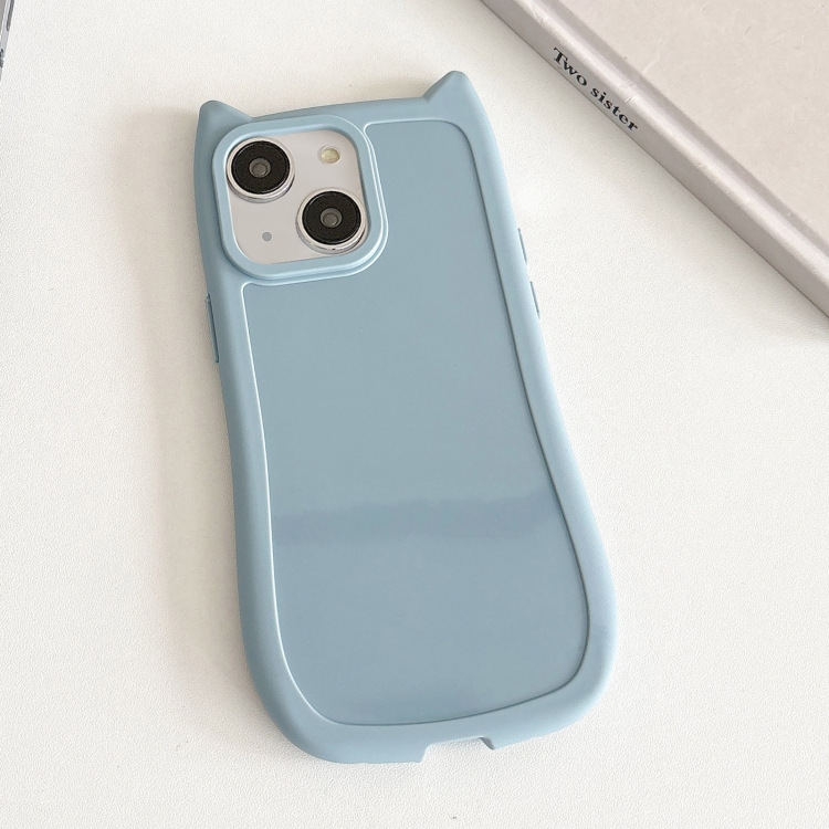 

For iPhone 15 Plus Frosted Solid Color Cat Head TPU Phone Case(Blue)