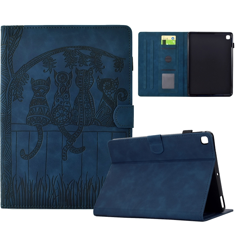 

For Samsung Galaxy Tab S6 Lite P610 Cats Embossed Leather Smart Tablet Case(Dark Blue)