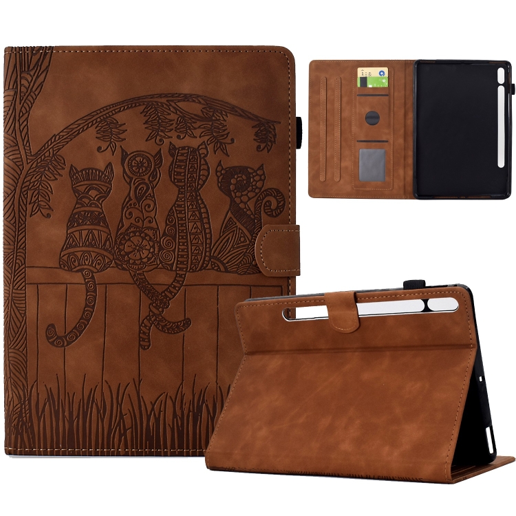 

For Samsung Galaxy Tab S9 / S9 FE Cats Embossed Leather Smart Tablet Case(Brown)