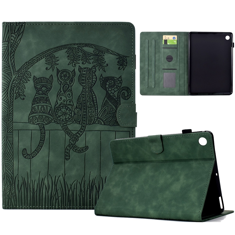 

For Samsung Galaxy Tab A11+ / A9+ Cats Embossed Leather Smart Tablet Case(Green)