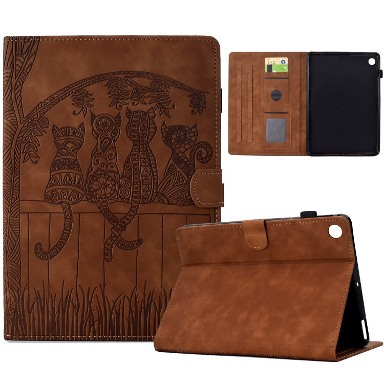

For Samsung Galaxy Tab A9+ Cats Embossed Leather Smart Tablet Case(Brown)