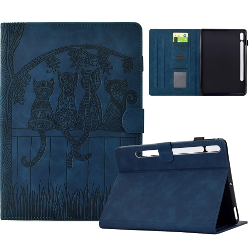 

For Samsung Galaxy Tab S8 / S7 Cats Embossed Leather Smart Tablet Case(Dark Blue)