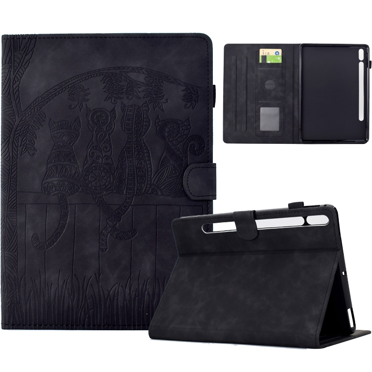 

For Samsung Galaxy Tab S8 / S7 Cats Embossed Leather Smart Tablet Case(Black)
