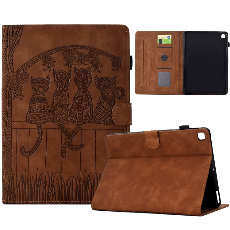 

For Samsung Galaxy Tab A7 2020 T500 Cats Embossed Leather Smart Tablet Case(Brown)