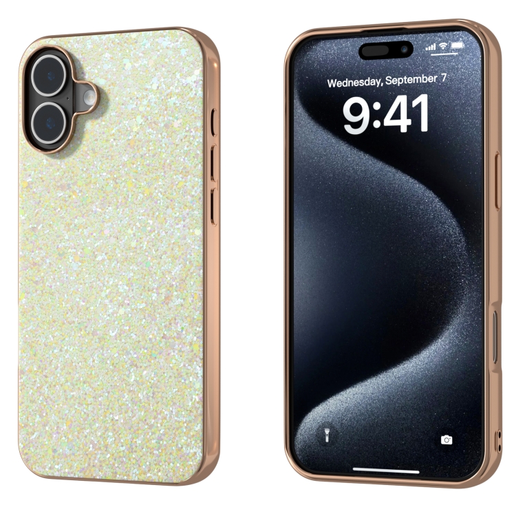 

For iPhone 16 Plus Electroplating Frame Colorful Glitter Phone Case(Gold)